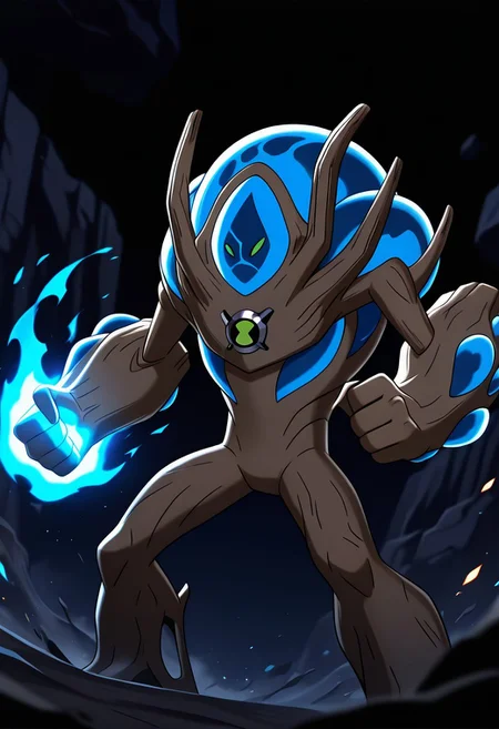 masterpiece, best quality, amazing quality, very aesthetic, absurdres, newest,
,ultswam, standing, pokemon (creature), solo, green eyes, monster, brown skin, alien, massive arms, no humans,
black desert, black sand, blue fire, blue flames, shooting fire, pose, incoming punch, blue magic punch, particle effects, foreground blur, blue flames blurry,