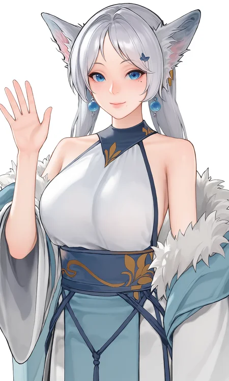 score_9, score_8_up, score_7_up, game cg,
waving hands, hand up, spread fingers,
yunmengyi, 1girl, ((looking at viewer)), blue eyes, fur trim, animal ears, bare shoulders,large breasts, low twintails, earrings, wide sleeves, grey hair, hair ornament, mole under eye,
blush, shy, closed mouth, smile,
simple background, white background,
<lora:YunMengYi_PonyXL:1>