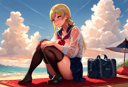 score_9, score_8_up, score_7_up, hetero, cleavage, skindentation, detailed background, scenery, window, sky, table, lamp, painting (object), cloud, red pillow, red couch, ocean, bluesky, day, carpet, 1girl, straight blonde hair, low-tied long hair, asymmetric bangs, big butt, big breast, black footwear, black thighhighs, Loafers, oiled body, sweaty body, wet, see through, blush, thick lips, red lips, sitting, full body, view from side, looking ahead, leaning foward, clollarbone, school bag, white shirt, pleated skirt, blue skirt, neckerchief, red neckerchief, closed mouth, wavy mouth, 3:, hands on own knees
