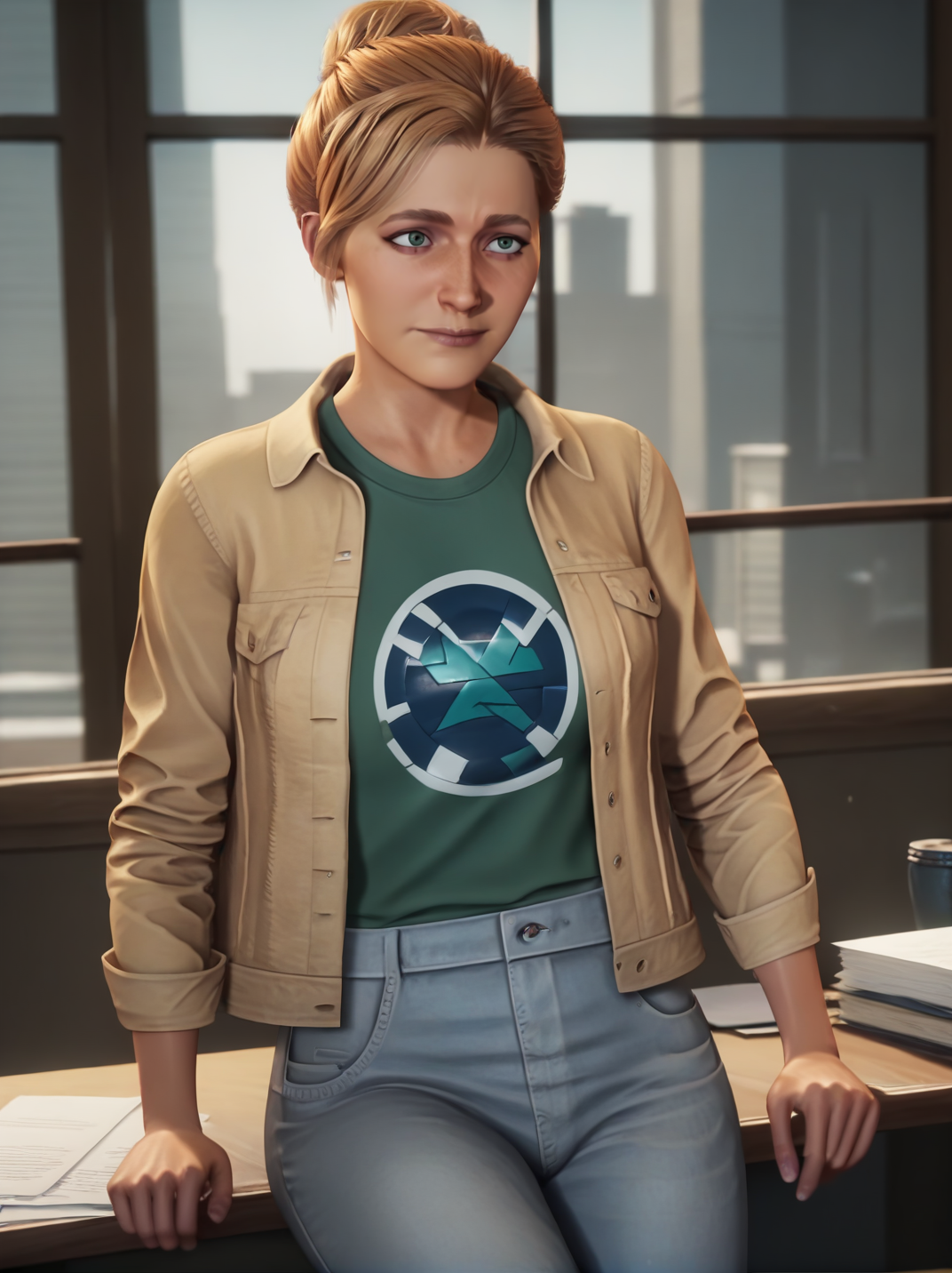 score_9, score_8_up, score_7_up,,
1girl, solo, dynamic pose, dynamic angle, sitting, one hand on hair, indoors, office, light smile, cowboy shot, dutch angle, medium breasts, from side,
<lora:AZoeSplitFiction_character:1>, ZoeXL, blonde hair, green eyes, jacket, pants, green shirt, realistic, screencap,