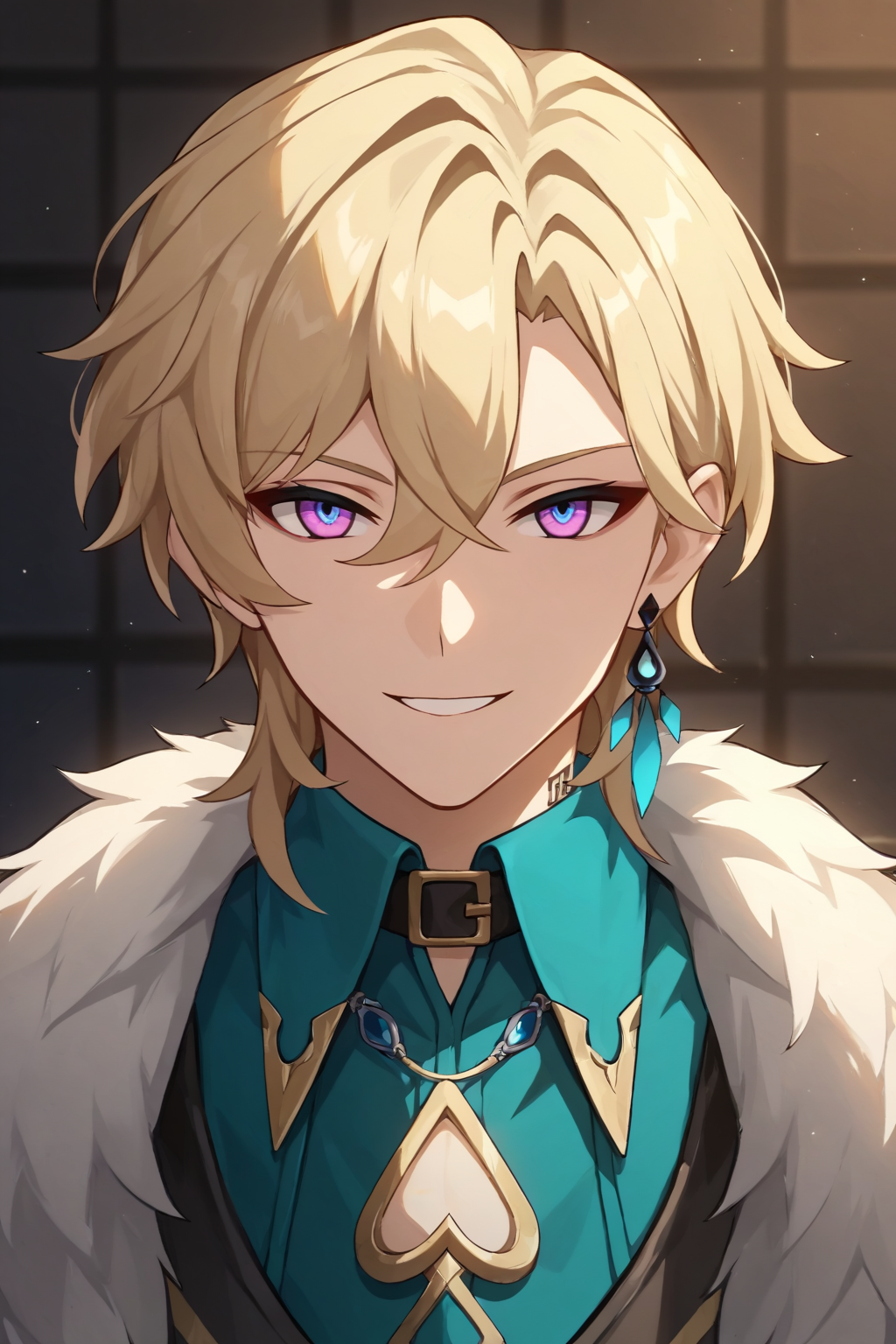 score_9, score_8_up, score_7_up, source_anime,
BREAK, (1boy, solo, solo focus), male focus, bishounen, pale skin, aventurine, blonde hair, medium hair, (two-tone eyes, purple eyes, blue eyes), (perfect face, perfect eyes:1.2), seductive smile, BREAK,
(portrait:1.2), indoors, simple background<lora:EMS-370219-EMS:0.800000>, <lora:EMS-32082-EMS:0.800000>, <lora:EMS-22619-EMS:0.800000>