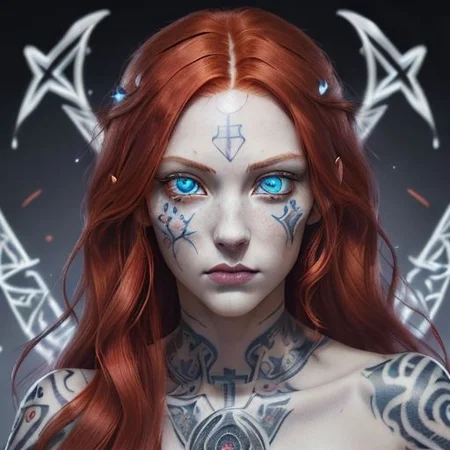 bright red hair, human female, (feminine:1.7), (beautiful face, detailed face:1.6), (beautiful eyes, detailed eyes:1.7), (looking at viewer, eye contact, intense:1.6), (long hair, red hair, curly hair:1.3), , ((masterpiece, best quality, high resolution, realistic, best quality,)), photo realistic, Perfect Face, (detailed face). <lora:GoodHands-vanilla:0.6> <lora:add-detail-xl:0.8>, mage, (Dress White military uniform coat), dagger, rune dagger, glowing runes, , (((glowing magic symbols tattoos, religious tattoos))), ((face tattoos)), glowing tattoos, stone tower in the background