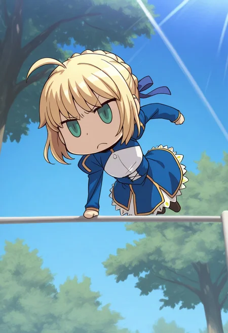score_9,score_8_up,score_7_up,source_anime,   , masterpiece,best quality,amazing quality,1girl,solo,
Trees, daytime, blue sky, rays
jump over  fence,
Artoria Pendragon (Fate/stay Night),frown,