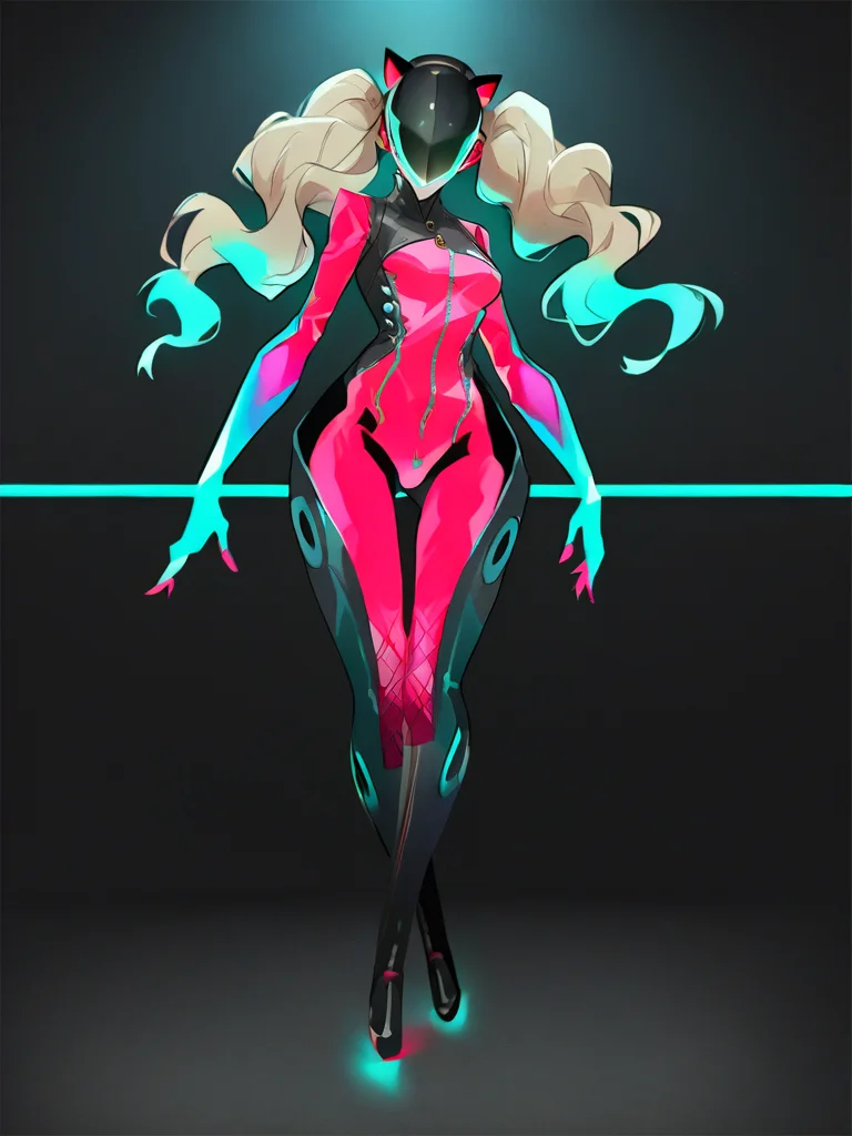 Score_9, score_8_up, score_7_up, score_6_up, source_anime, 1girl, solo, full body, posing, robot girl, blue neon trim, glowing red bodysuit, halftones, ann takamaki, persona 5, black helmet, glowing teal visor, glowing teal hair, glowing teal gloves, <lora:HORiZON_DOLLS_by_EchanisEnicha-000010:1>