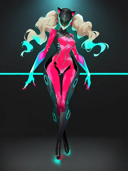 Score_9, score_8_up, score_7_up, score_6_up, source_anime, 1girl, solo, full body, posing, robot girl, blue neon trim, glowing red bodysuit, halftones, ann takamaki, persona 5, black helmet, glowing teal visor, glowing teal hair, glowing teal gloves, <lora:HORiZON_DOLLS_by_EchanisEnicha-000010:1>