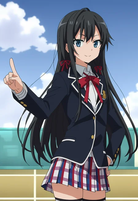 score_9, score_8_up, score_7_up, source_anime,
BREAK
1girl, solo, anime screencap, anime coloring,
<lora:shiYukinoV2:1>, shiyukino, black hair, long hair, blue eyes, hair ribbon, red ribbon, neck ribbon,
school uniform, black jacket, collared shirt, white shirt, blazer, sobu high school uniform, pleated skirt, plaid skirt,
thighhighs,
looking at viewer, smile, pointing at viewer, hand on own hip,