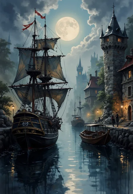 A dinkfsn style ink wash painting, pirate galleons moored in a fantasy harbour town dock, silhouetted at night, dim moonlight, chiascuro