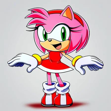sonic \(series\), amy rose, 1girl, solo, gloves, furry female, pink fur, furry, dress, pink hair, red dress, smile, green eyes, boots, hairband, animal nose, red hairband, white gloves, open mouth, simple background, animal ears, full body, tail, white background, happy, red footwear, looking at viewer, sleeveless dress, standing