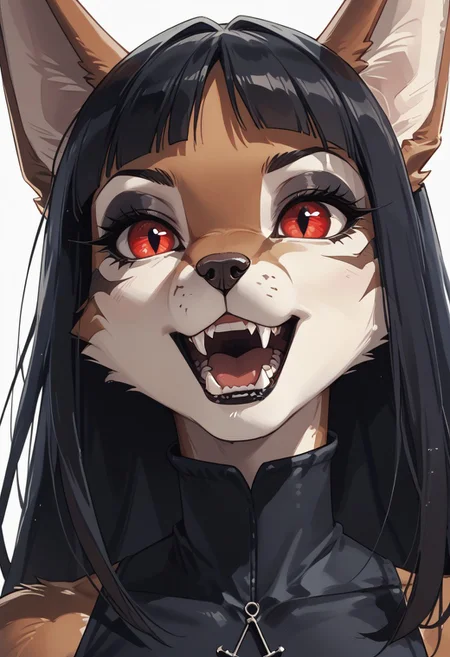 score_9, score_8_up, score_8, score_9, source_furry, perfect finger anatomy, perfect face, perfect eyes, perfect nose,(close up:2), unique angle, (perfect teeth), volumetric lighting, cinematic lighting, (solo, 1girl, furry, anthro, jackal:1.3), (vampire girl at the grim gothic castle:1.2)
BREAK
((head down)), (wearing rich royal long gown), sunhat, cleavage, (vampire fangs), red eyes, black makeup, black lips, (dark black), (three tone body, gray shoulders, brown back and white chest), (athletic body), gothic windows, grim atmosphere, gothic castle,