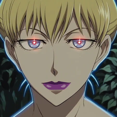 source_anime, ((score_9)),score_8_up,score_7_up,score_6_up,score_5_up,score_4_up, retro_artstyle, anime style, 1womanbrita_(darker_than_black), long_hair, blonde_hair, purple_lips large breasts, (blue eyes), (Contractor, red_pupils, glowing, glowing eyes), looking at viewer, facing viewer, masterpiece, best quality, highres, best illumination, depth of field, Artist style:urushihara satoshi, BR1T4,