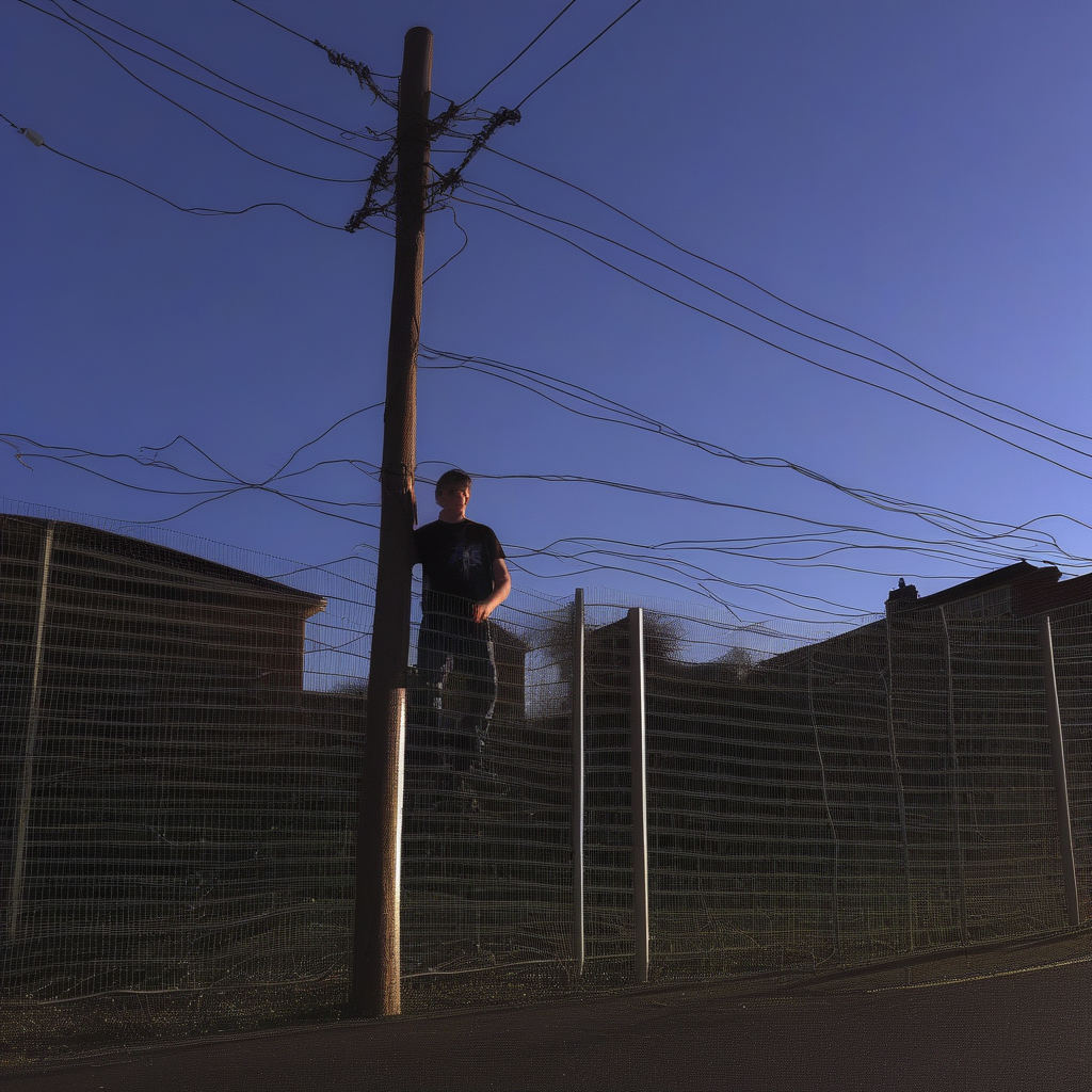 2boys, power lines, sky, multiple girls, multiple boys, fence, denim, lamppost, jeans
