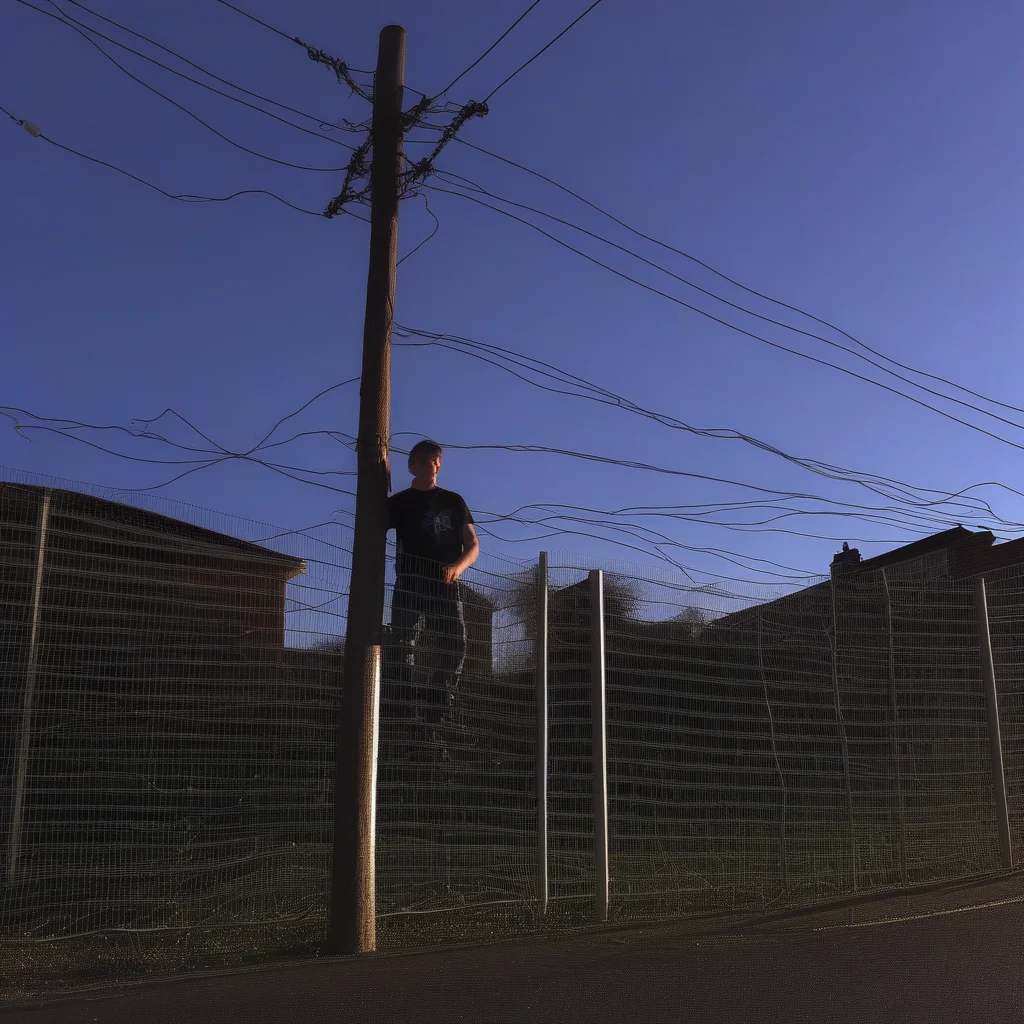 2boys, power lines, sky, multiple girls, multiple boys, fence, denim, lamppost, jeans
