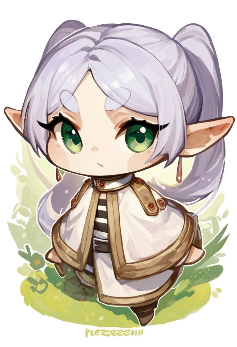 score_9, score_8_up, score_7_up, 1girl, elf, jr, chibi, nereirfpnxl, frieren, solo, looking at viewer, green eyes, pointy ears
