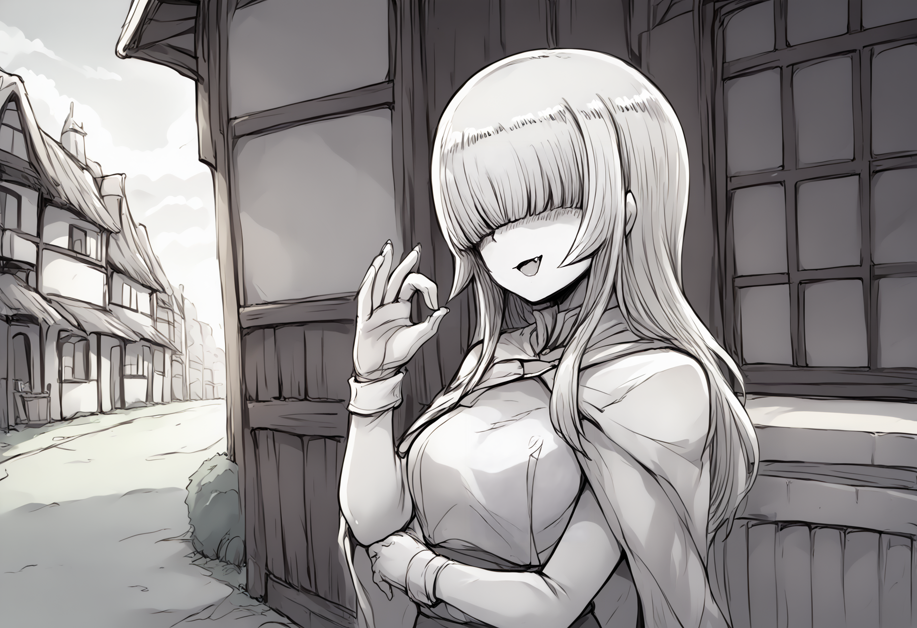 score_9, score_8_up, score_7_up, score_6_up, score_5_up, score_4_up, source_anime, uncensored, <lora:intricate_details:1> intricate_details_xl, outdoors, town, sunlight, face focus, profile, upper body, 
<lora:Momo_MCFIEC_v1.0:1> Momo, 1girl, solo, long hair, hair over eyes, (monochrome, greyscale:1.1), looking at viewer, blunt bangs, hime cut, large breasts, covered eyes, collarbone, long bangs, facing viewer, dress, cape, capelet,  <lora:mesugaki_Pony_v1:1.0> (mesugaki:1.1), hand up, smug, open mouth, skin fang, (handjob gesture:1.1),
