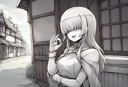 score_9, score_8_up, score_7_up, score_6_up, score_5_up, score_4_up, source_anime, uncensored, <lora:intricate_details:1> intricate_details_xl, outdoors, town, sunlight, face focus, profile, upper body,
<lora:Momo_MCFIEC_v1.0:1> Momo, 1girl, solo, long hair, hair over eyes, (monochrome, greyscale:1.1), looking at viewer, blunt bangs, hime cut, large breasts, covered eyes, collarbone, long bangs, facing viewer, dress, cape, capelet, <lora:mesugaki_Pony_v1:1.0> (mesugaki:1.1), hand up, smug, open mouth, skin fang, (handjob gesture:1.1),
