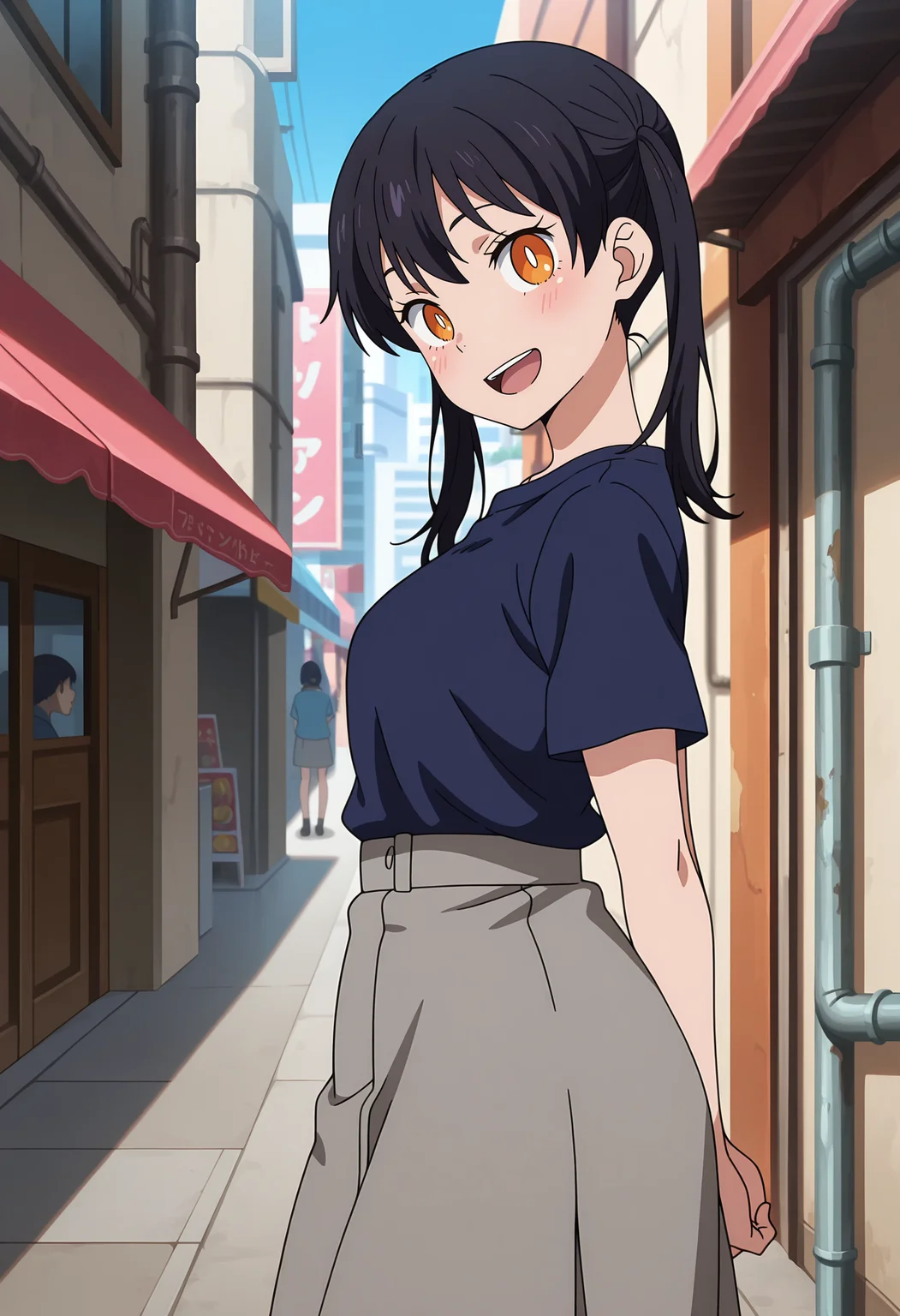 anime screencap, masterpiece, best quality,
<lora:EnenNoShouboutai_KotatsuTamaki_IlluXL:0.9>,
1girl, open mouth, smile, blush, happy, head tilt,
twintails, medium hair, black hair, orange eyes, slit pupils, white pupils,
dark blue shirt, short sleeves, shirt tucked-in, medium skirt, grey skirt,
from side, arms behind back, standing, looking at viewer,
people, shop, blurry background, city, street, day, industrial pipe, blue sky