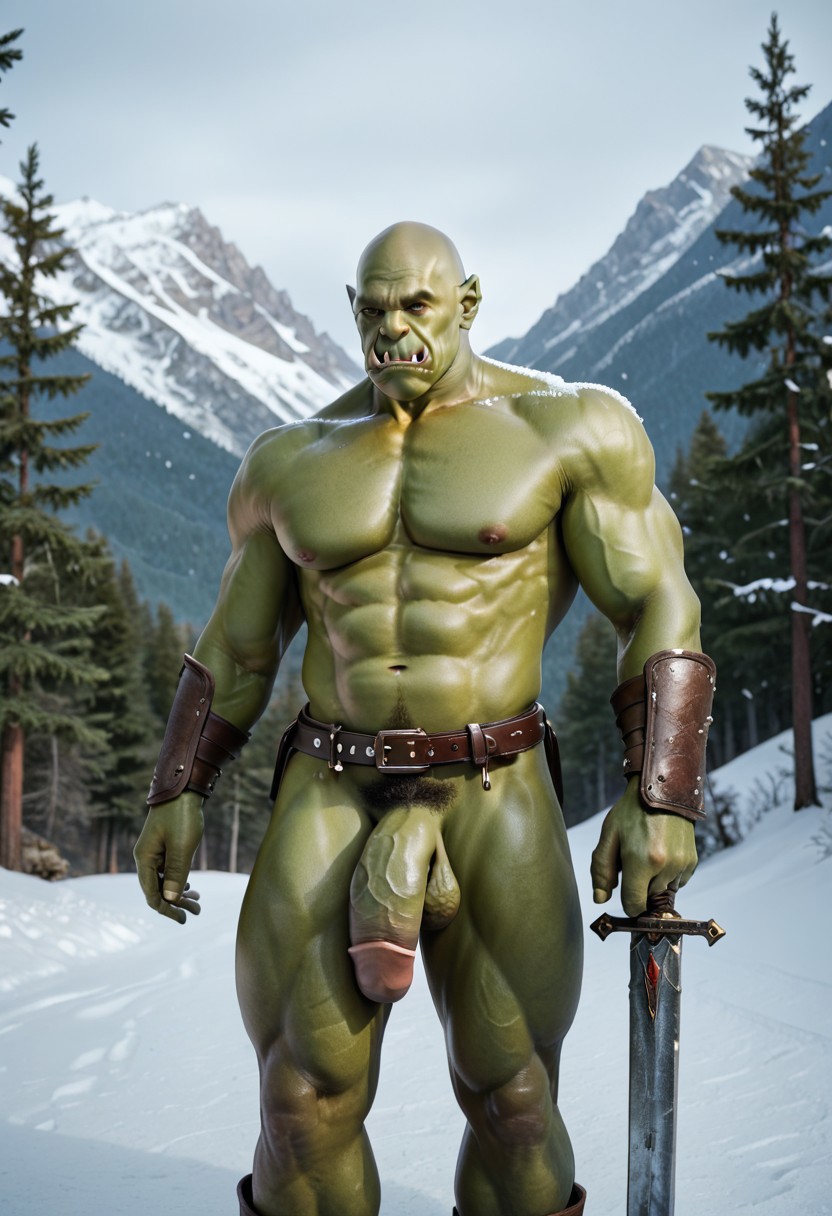 , orc_male, snow, mountains, belts, sword, epics, armor, trees, sword, detailed background, muscular male male focus solo pectorals green skin 1boy bara muscular abs penis nipples large pectorals stomach completely nude navel nude orc tusks male pubic hair colored skin thighs monster boy flaccid bald testicles short hair pubic hair feet out of frame thick thighs uncensored best quality masterpiece 4k uncensored prefect lighting rating_explicit very aesthetic