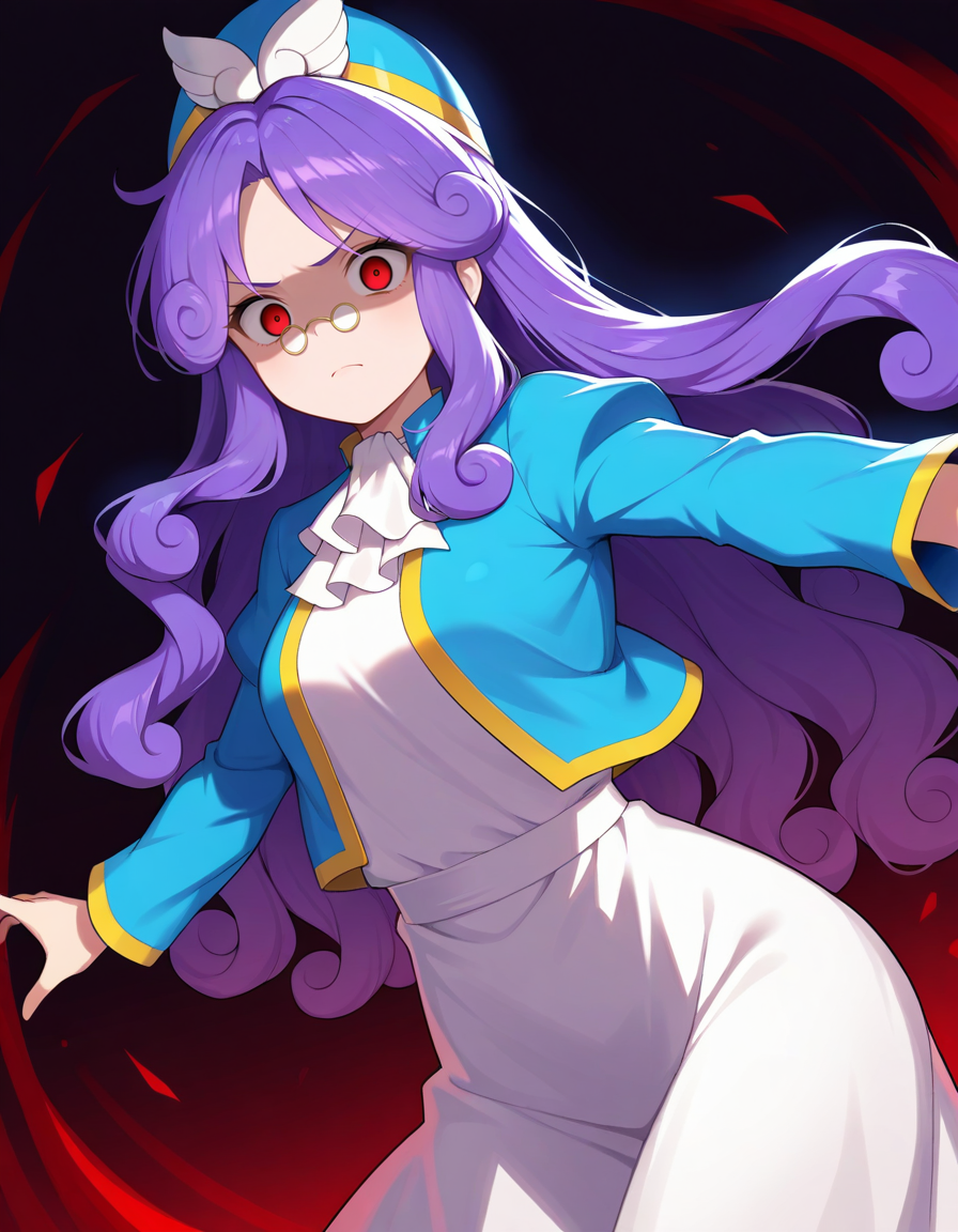<lora:PAccord_SDXL_Illustrious11_fp16_ver01:1>,PAccord, 1girl,long hair, purple hair,curly hair,pince-nez,blue headwear,blue jacket,white dress,ascot, cowboy shot, angry, red eyes, dark background,crazy eyes, closed mouth,, masterpiece, best quality, very aesthetic, absurdres,<lora:detailed_hands:1>,hand
