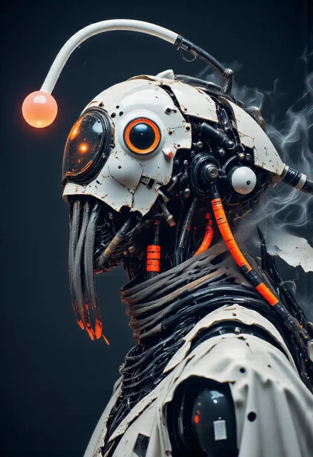 neon-mist, cpstyle. A high-resolution digital artwork featuring a futuristic, cybernetic anglerfish-like figure with an intricate mechanical design. Its sleek, robotic exoskeleton is predominantly white with striking orange accents, composed of interlocking plates, exposed wiring, and glowing circuitry that pulse with an eerie energy. A large, circular visor obscures its eyes, its reflective surface displaying cryptic digital patterns, reinforcing its enigmatic, deep-sea-inspired presence.
A biomechanical antenna extends from its forehead, arching forward like a predatory lure. At its tip, an orb of synthetic light pulses softly, casting an eerie glow that pierces the surrounding darkness. This illumination reveals faint wisps of neon mist swirling around its form, accentuating its haunting, otherworldly silhouette. The plating along its head and shoulders integrates seamlessly into an advanced neural interface, forming an elegant yet menacing biomechanical collar adorned with engraved circuitry patterns.
Thin mechanical tendrils extend from the back of its head, resembling bioluminescent appendages, glowing faintly as they process vast streams of data. The fusion of organic and synthetic elements is evident in the delicate engravings along its plating, resembling deep-sea textures reimagined through futuristic technology.