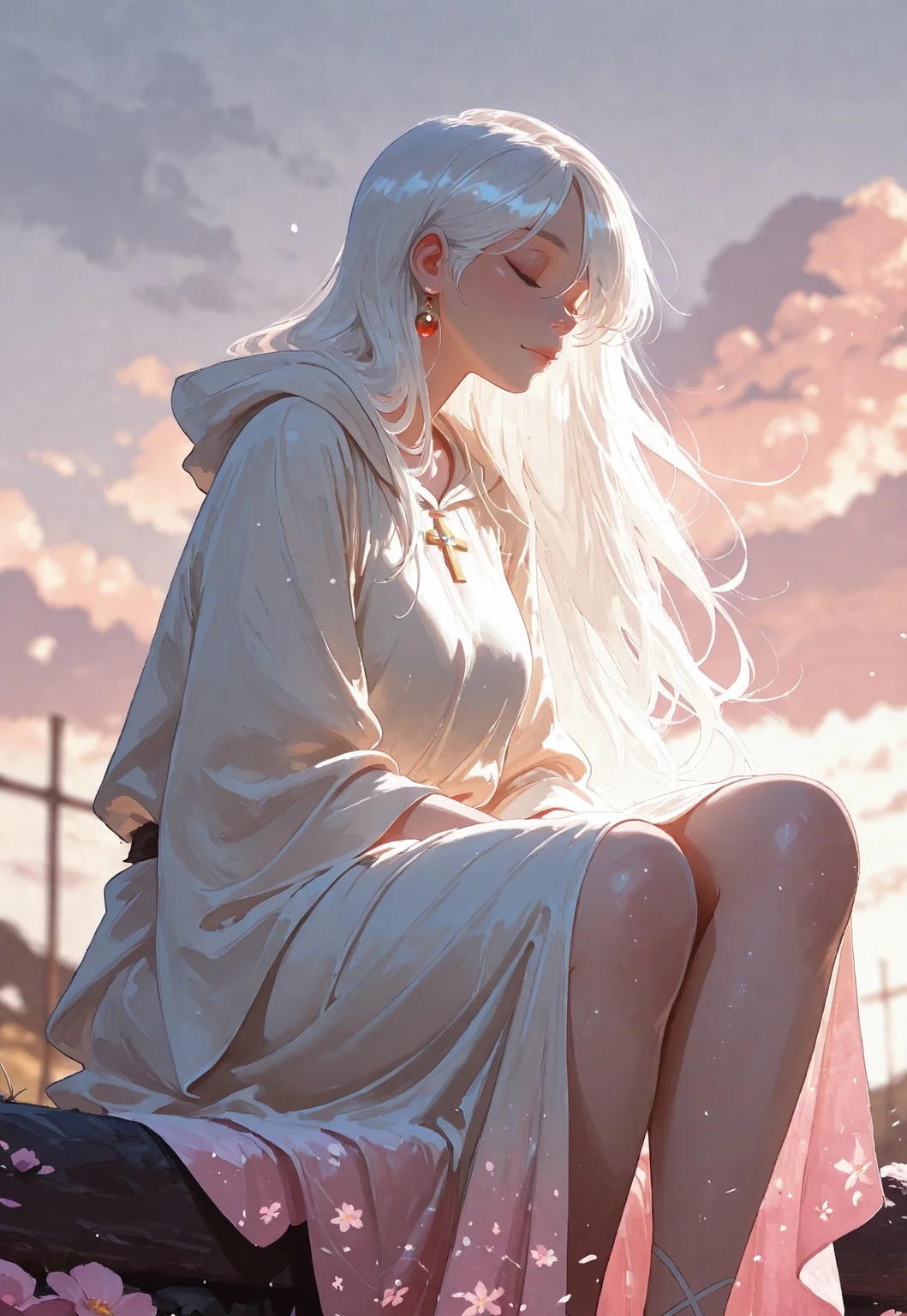 masterpiece, ultra-HD, cinematic lighting, photorealistic, impressionism (1.5), high detail, depth of field, (blurred background), (dramatic lighting), best quality, amazing quality, absurdres, , a girl with short white hair sitting cross-legged on a floating pastel pink rock in an endless cloudy sky, eyes closed, soft wind moving her robe gently, watercolor texture, ambient silence, soft brush edges, subtle light gradients, dreamy minimalism, painterly illustration, peaceful and poetic, art by studio ghibli and loish, 4k