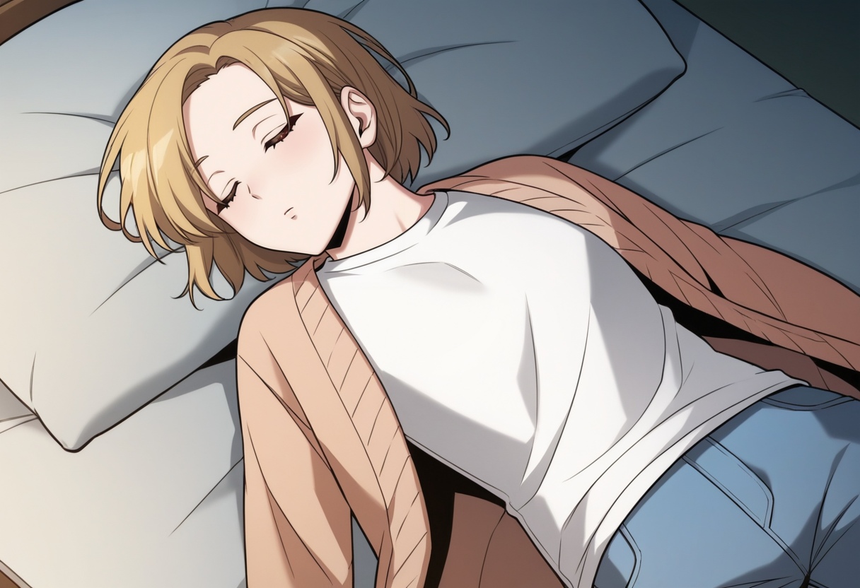 source_anime,anime screencap, anime coloring,intricate details,rating_explicit, masterpiece, best quality,
(best quality, absurd res, ultra detailed),,(4 finger:0.5),1girl, ((solo)), good eyes,perfect eyes,,detailed eyes, zPDXLxxx , zPDXL3, OverallDetail,detailed, detailed face
BREAK
solo,indoors,laying,front  view,
shinyoosung, short hair, blonde hair, brown eyes, white shirt, open cardigan, blue pants, jeans, denim, long sleeves, sleeping
, <lora:add-detail-xl:2>  <lora:shin_yoosung-02:1>
