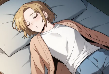 source_anime,anime screencap, anime coloring,intricate details,rating_explicit, masterpiece, best quality,
(best quality, absurd res, ultra detailed),,(4 finger:0.5),1girl, ((solo)), good eyes,perfect eyes,,detailed eyes, zPDXLxxx , zPDXL3, OverallDetail,detailed, detailed face
BREAK
solo,indoors,laying,front view,
shinyoosung, short hair, blonde hair, brown eyes, white shirt, open cardigan, blue pants, jeans, denim, long sleeves, sleeping
, <lora:add-detail-xl:2> <lora:shin_yoosung-02:1>