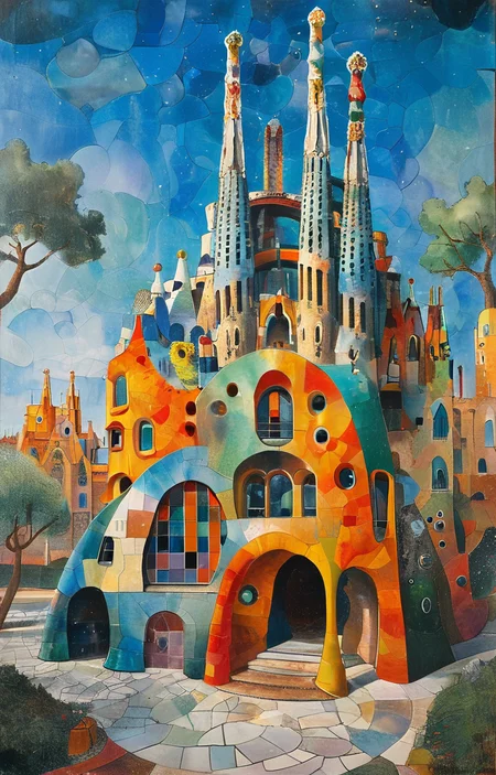 masterpiece,best quality,<lora:tbh305-sdxl:0.9>,illustration,designed by Antoni Gaudi Postmodern corporate headquarters with playful, colorful elements reminiscent of Michael Graves