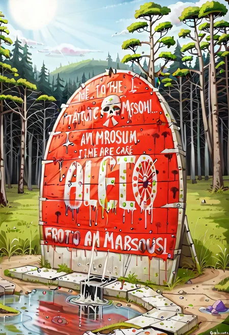 sign with the text" Croeso y llyn gellynoth. Oes yn y cont" billboard, <lora:text:0.8>, falloutlandsdxl, picturesque lake surrounded by a forest but is in a polluted dystopian landscape, in the foreground there is , human fecal matter on the floor in small piles, puddle of human fecal waste written in it, atomic mushroom cloud in background