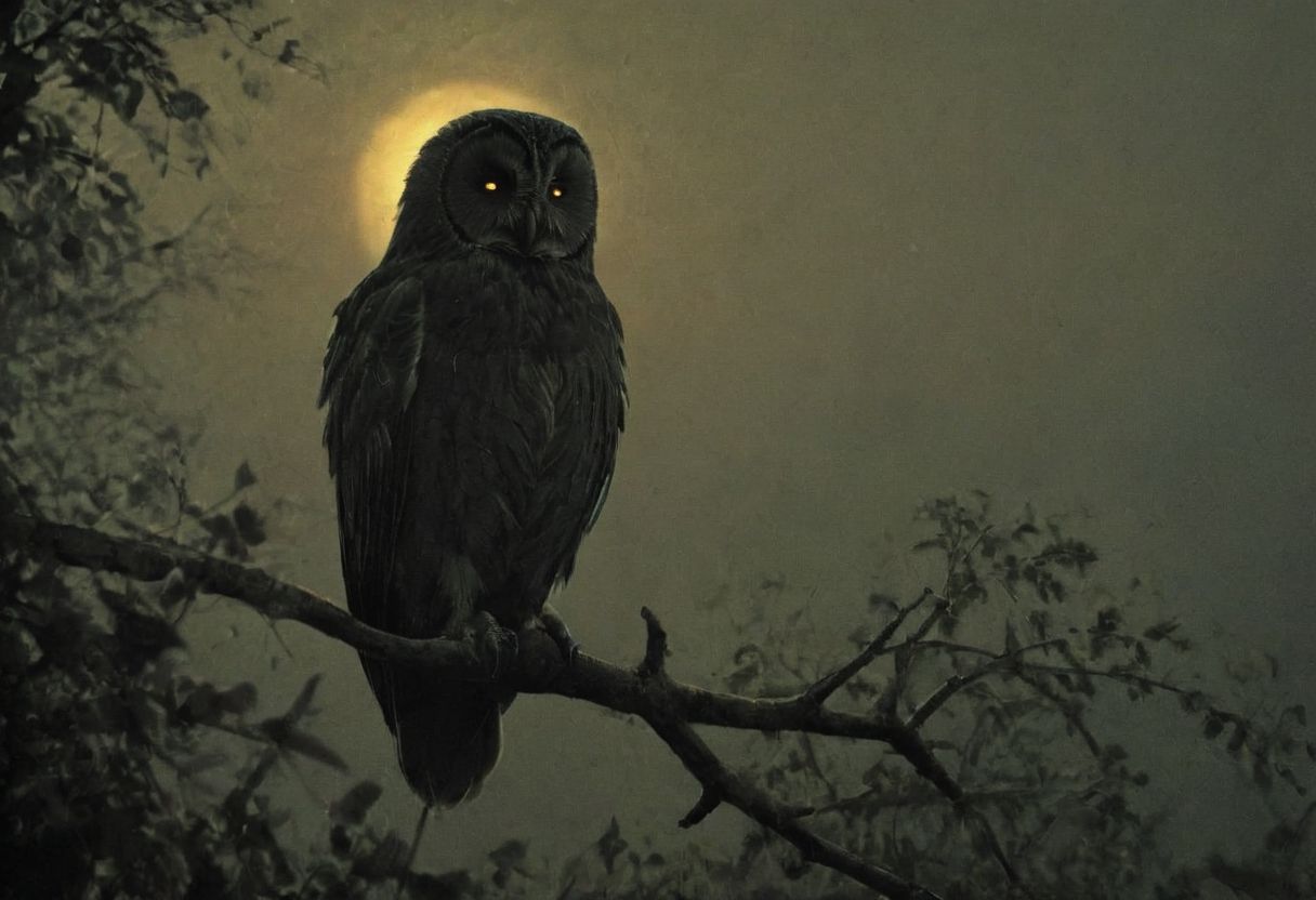 silhouette style, cinematic film still of the silhouette of an owl sitting on a branch at night, very detailed, haze lighting, backlit, 4k uhd masterpiece , style by Greg Rutkowski, by Milo Manara and Russ Mills, with insanely intricate details and textures, gloomy dramatic lighting, , dark, chiaroscuro, low-key,in the style of Kelly Slater ,style by Kelly Slater,closeup,digital artwork by Beksinski, style of Kelly Slate