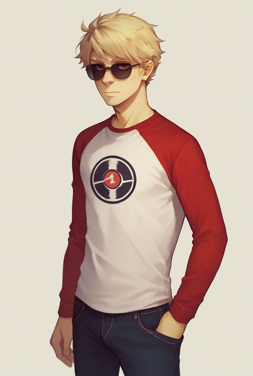 , score_9, score_8_up, score_7_up, masterpiece, , line art, portrait, anime,, detailed, <lora:Expressive_H:0.45> Expressiveh, closed mouth, , looking at viewer , , <lora:Dave_Strider:0.8>, dave strider, blonde hair, sunglasses, freckles, male, 1boy, raglan sleeves, shirt, red eyes, pants, black jeans,