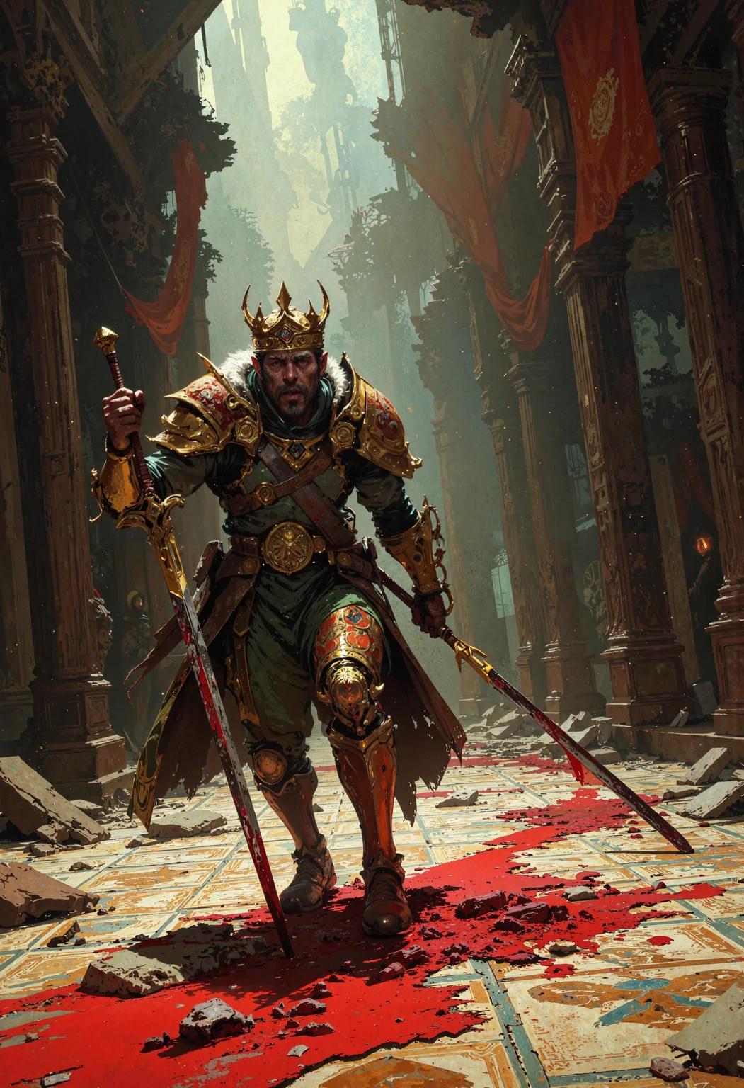 masterpiece, high-quality, hyperdetailed, refined details, best quality, high resolution, A once-mighty monarch, still wearing his battered golden crown, staggers across the marble floor of his own throne room, a gleaming sword buried deep in his left side. Blood trickles in a crimson trail, staining the intricate mosaic tiles underfoot. The kings face twists in a raw mixture of betrayal, pain, and lingering pride. Sunlight from the shattered palace windows highlights each speck of dust swirling in the air, framing the fallen banners of his dynasty. In the distance, smoke and sparks float as treacherous courtiers vanish through shadowed corridors. Tension radiates in every quivering muscle of the wounded ruler, his trembling hand clutching desperately at the blades hilt. Heavy chiaroscuro emphasizes the contrast of pale light and looming darkness, capturing the tragic final stand of the king in elaborate, hyperdetailed grandeur, <lora:FLUX\FLUX-daubrez-DB4RZ:0.3> <lora:FLUX\Anime v1.3:0.5> <lora:FLUX\DarksunRiddV4:0.6> <lora:FLUX\ArcaneFGTNR:0.5>