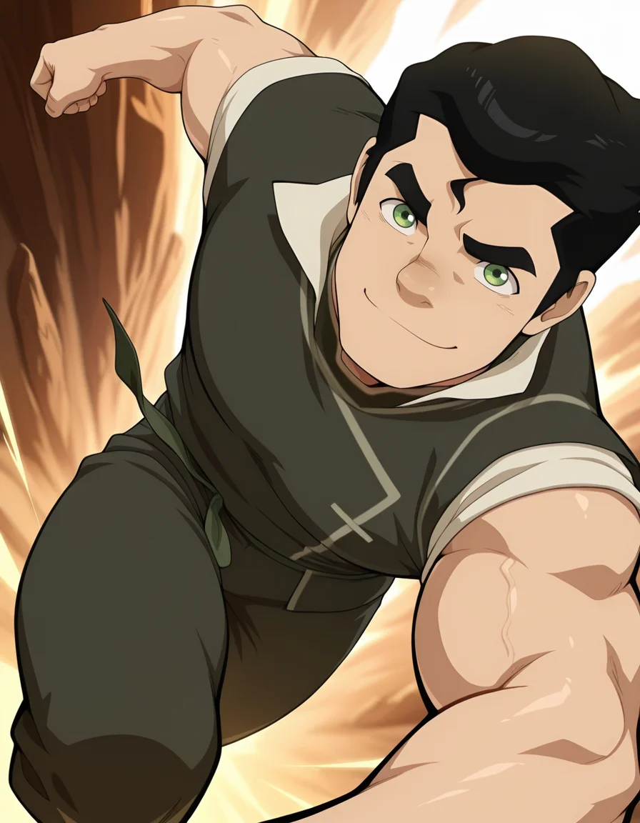 masterpiece, best quality, amazing quality, <lora:Bolin_IL:0.9>, Bolin-ARAI-IL, 1boy, solo, male focus, black hair, short hair, green eyes, muscular, pants, shirt, smile, dynamic pose, dynamic angle, close up, <lora:cfg_scale_boost:0.4>