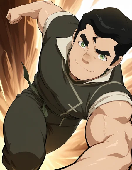 masterpiece, best quality, amazing quality, <lora:Bolin_IL:0.9>, Bolin-ARAI-IL, 1boy, solo, male focus, black hair, short hair, green eyes, muscular, pants, shirt, smile, dynamic pose, dynamic angle, close up, <lora:cfg_scale_boost:0.4>