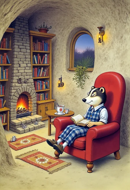 Old book illustration style, colored drawing of a sleepy badger in a cozy underground study, resting in a high-backed armchair beside a crackling fireplace. He wears small round glasses and a plaid vest, with an open book on his lap and a teacup on a nearby table. The curved earthen walls are lined with wooden bookshelves, candle sconces, and hanging herbs. A rug with faded patterns lies on the floor, and a small window shows a twilight sky above the grass. The colors are warm and muted, with soft shading and fine lines, capturing a peaceful, nostalgic storybook atmosphere. <lora:oldillustration_V1.1:1>
