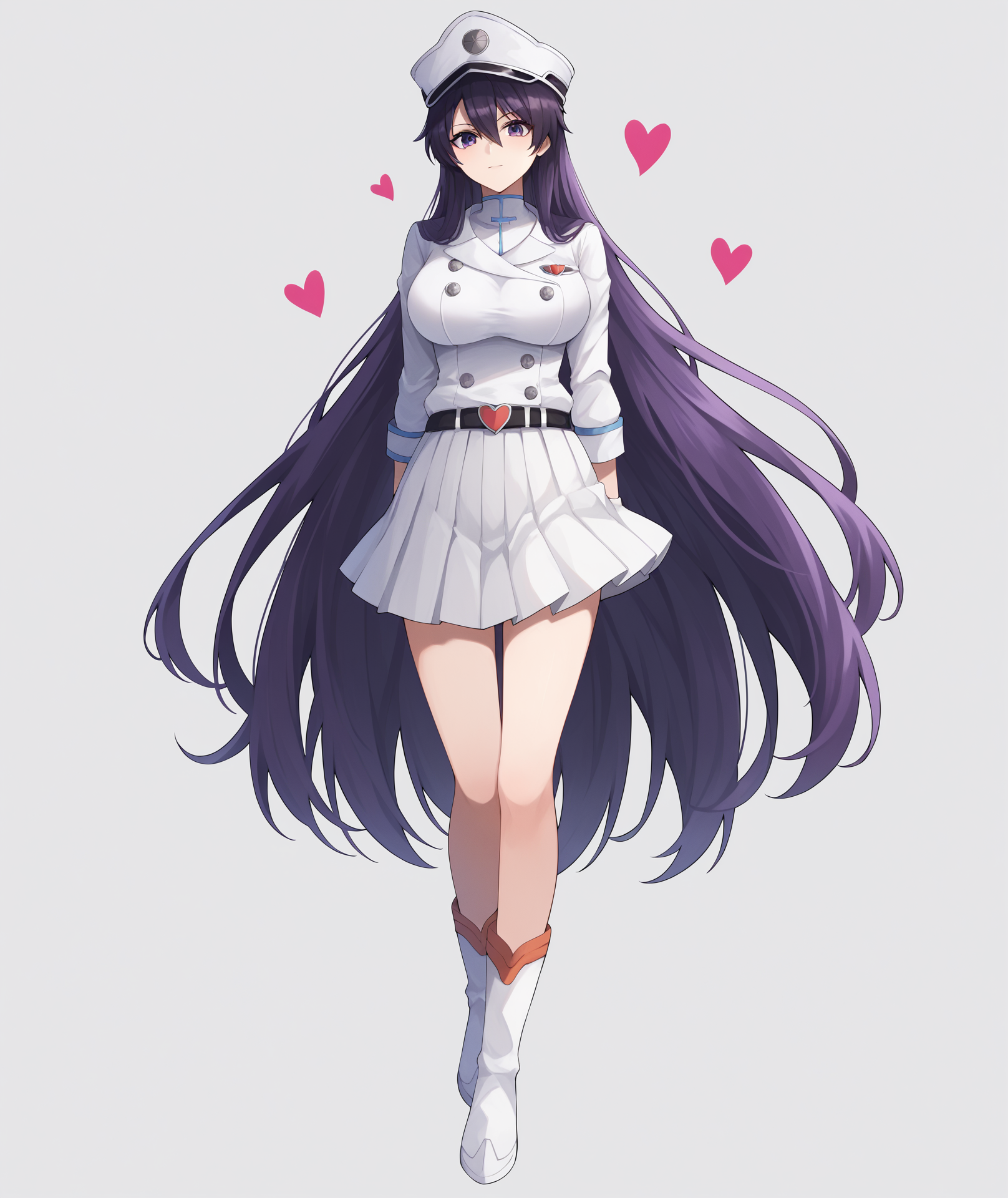 score_9, score_8_up, score_7_up, score_6_up, score_5_up, score_4_up, BREAK, source_anime, best quality, masterpiece, 2d, intricate details, official style, anime, 4k, anime style,
pbambietta, 1girl, solo, black hair, bangs, purple hair, purple eyes, hair between eyes, very long hair, brown eyes, long hair, breasts, large breasts,
skirt, long sleeves, hat, jacket, heart, pleated skirt, belt, uniform, groin, military, military uniform, white headwear, white jacket, white skirt, peaked cap, military hat, boots, white footwear, bambietta basterbine,
full body, looking at viewer, white background, simple background, <lora:add_details_xl:0.4>, <lora:Bambietta_Pony:1>