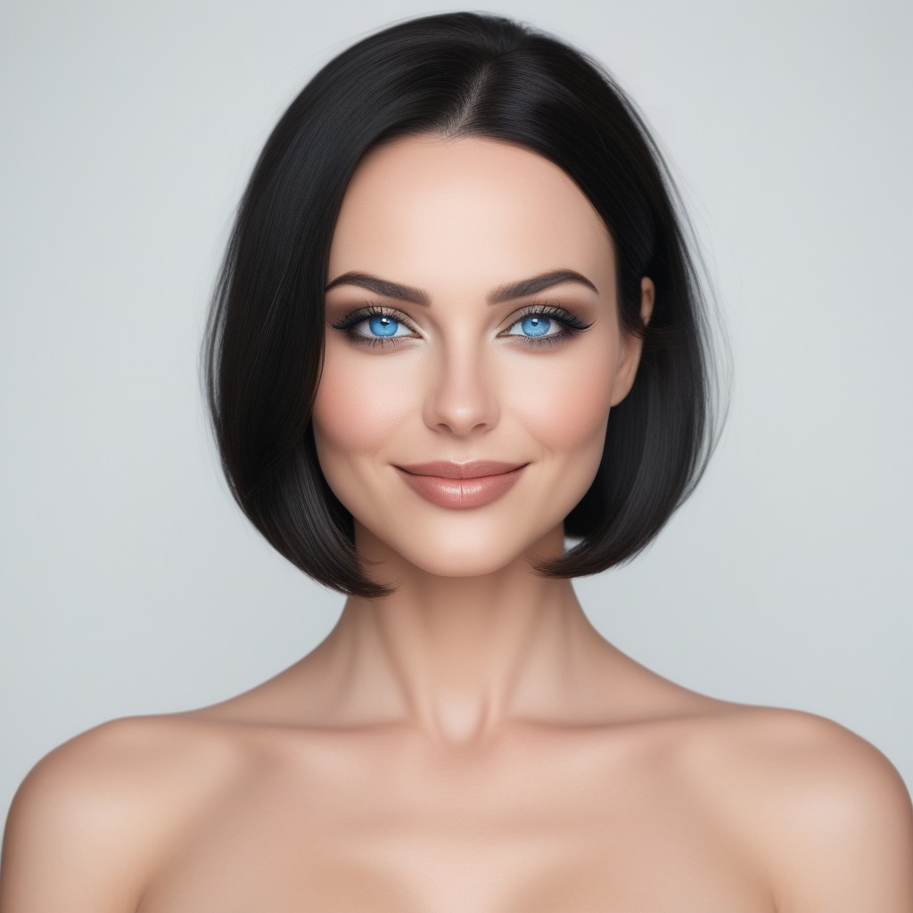 A stunning, confident woman with a fair complexion and flawless skin, captured from head to cleavage. She has a sharp, symmetrical face with high cheekbones, full lips with a subtle glossy finish, and intense icy blue eyes enhanced by smoky eyeliner and soft makeup. Her expression is alluring and self-assured, with a slight, knowing smile. Her dark black hair is styled in a sleek, chin-length bob with a gentle inward curve that frames her face elegantly. The composition is clean and striking, set against a plain white background to emphasize her features and aura of confident sensuality. The image style is hyperrealistic with soft lighting and polished, high-definition detailing.