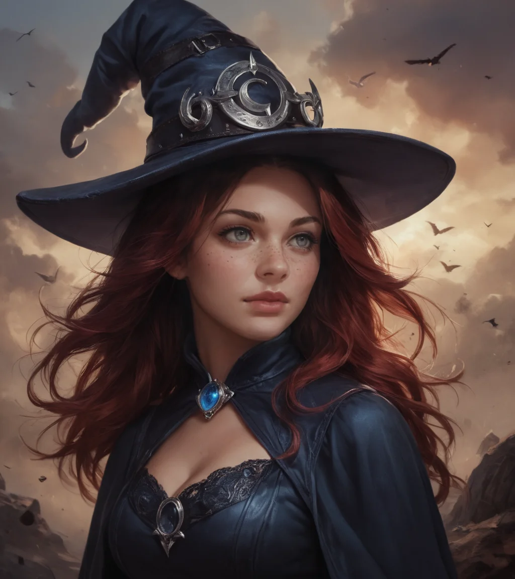 score_9, score_8_up, score_7_up, score_6_up, zPDXL, adult elven woman, freckles, grey eyes, chestnut layered hair, portrait, looking away, half shot, detailed background, witch hat, witch, magical atmosphere, hair flowing in the wind, whirlwind of swirling magic spell in the air,realistic, realism, highly detailed, perfect quality, high quality, photorealistic, <lora:Concept Art Twilight Style SDXL_LoRA_Pony Diffusion V6 XL:0.8>, <lora:sinfully_stylish_SDXL>