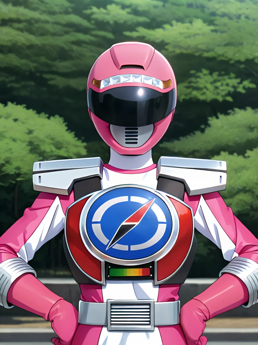 masterpiece, best quality, amazing quality, very aesthetic, absurdres, newest, anime screenshot, <lora:GoGo_Sentai_Boukenger_CharacterPack:1>tectopink, robot, solo, tectpnk helmet, tectpnk armor, tectpnk bodysuit, breasts, pink skirt, tectpnk belt, tectpnk gloves,,simple background, , white background, upper body, looking at viewer, hands on own hips,