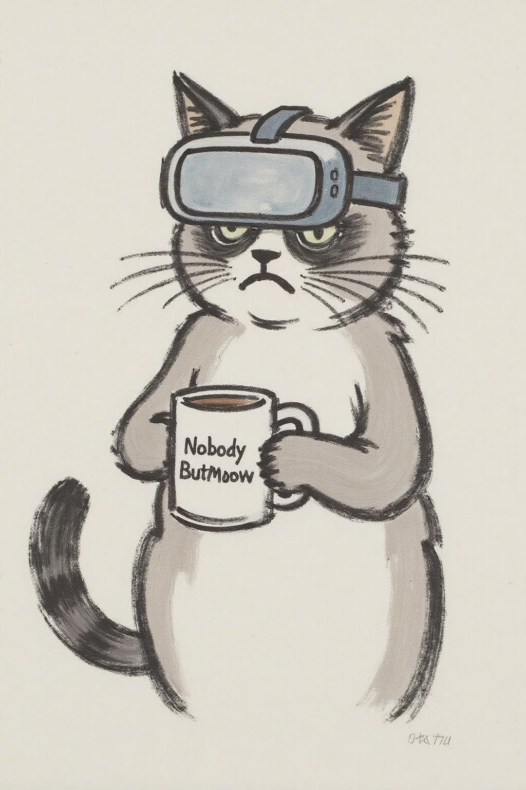 fzk1 ink painting. Grumpy Cat holding a coffee mug, wearing a VR Headset. The mug has the phrase "NobodyButMeow" printed <lora:fzk2_nocap_d6a3:1.0><lora:815029276593120599:0>