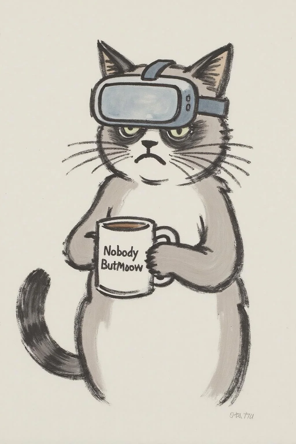 fzk1 ink painting. Grumpy Cat holding a coffee mug, wearing a VR Headset. The mug has the phrase "NobodyButMeow" printed <lora:fzk2_nocap_d6a3:1.0><lora:815029276593120599:0>