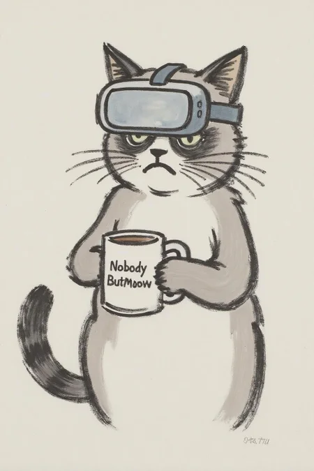 fzk1 ink painting. Grumpy Cat holding a coffee mug, wearing a VR Headset. The mug has the phrase "NobodyButMeow" printed <lora:fzk2_nocap_d6a3:1.0><lora:815029276593120599:0>