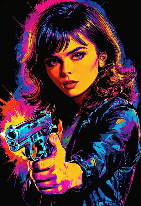 impactful color paint of a bangs haired woman holding a pistol, badass, fierce, highly detailed, vibrant colors, 8k, sharp, professional, clear, high contrast, high saturated, vivid deep blacks, crystal clear, movie poster, sharp edges