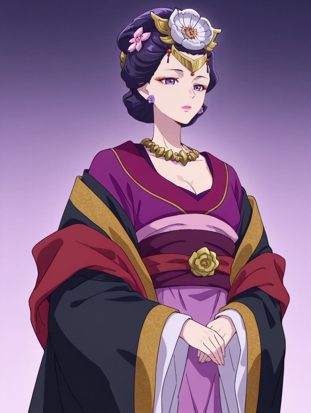 1girl,cowboy shot,
ywanshi,purple hair,hair bun,updo,purple eyes,red eyeshadow,pink lips,flower earrings,forehead jewel,hair ornament,hair flower,necklace,purple hanfu,red shawl,black robe,pink skirt,wide sleeves,red sash,
,<lora:ywanshi_noob:1>