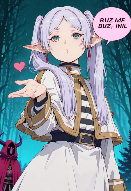 zzFrieren, long hair, twintails, green eyes, grey hair, pointy ears, elf, shirt, long sleeves, jewelry, earrings, striped, capelet, striped shirt, white skirt, black pantyhose,<lora:ck-shadow-circuit-IL:0.78>, Frieren, smiling, enchanted forest,
masterpiece, best quality, good quality, very aesthetic, absurdres, newest, 8K, depth of field, focused subject,
stylized, wabi sabi, 1girl,  looking at viewer, dynamic angle, 
<lora:MoriiMee_Gothic_Niji_Style_Illustrious_r1:0.45>
<lora:ck-nc-cyberpunk-IL-000011:0.4>
<lora:ck-neon-retrowave-IL:0.8> , in the style of cksc, in the style of cknc, artist:moriimee, in the style of ck-rw, "BUZZ ME" in the speech bubble, speech bubble,english text, talking, blowing kiss, heart, puckered lips, o3o