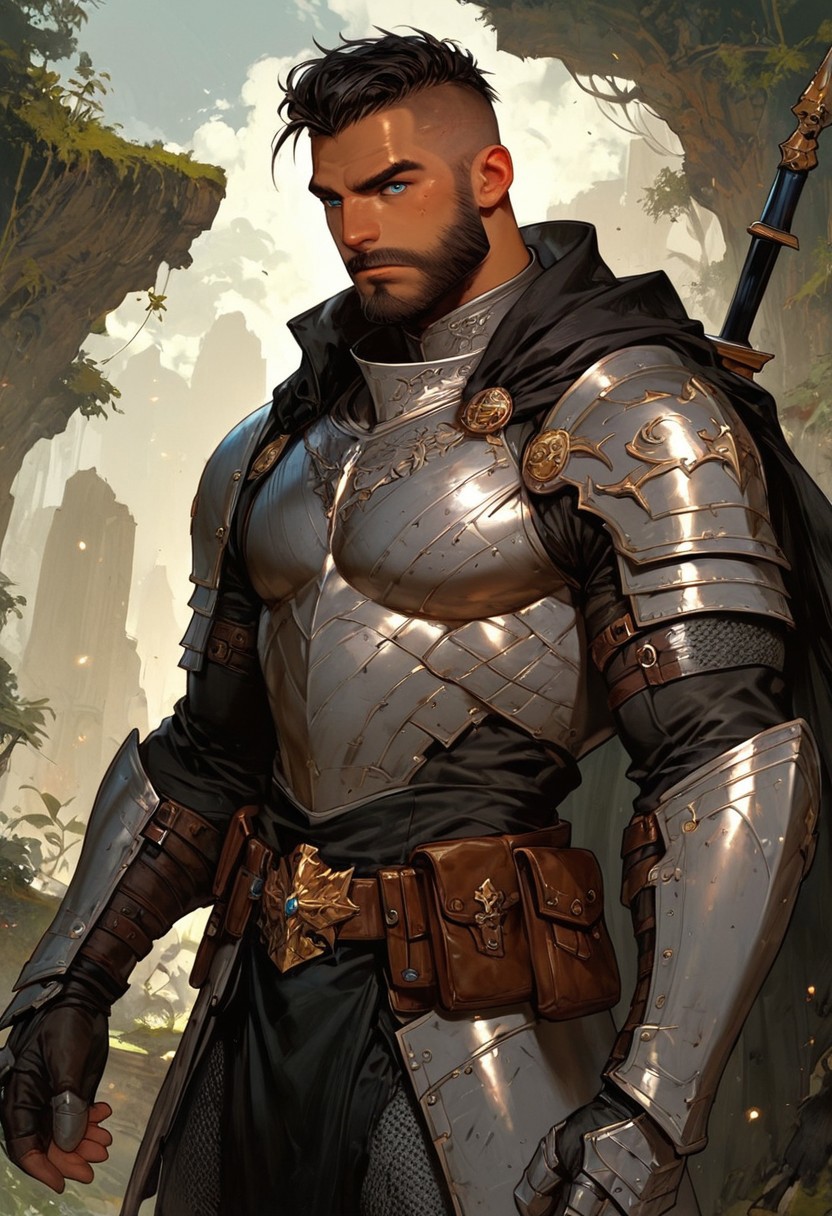 score_9, score_8_up, score_7_up, score_6_up, Expressiveh, masterpiece, perfect face, solo, 1man, male, masculine, solo, knight, punk man, goth, tall man, square jaw, clenched jaw, black beard, beard, mustache, facial hair, short facial hair, muscular, blue eyes, ((tanned skin)), black hair, slicked hair, short hair, scarred face, scars, armored, belt, pouch, bulky armor, grey armor, grey cape, torn cape, chainmail, armored leggings, armored boots, leather straps, simple armor, armor, gauntlets, outdoors, dark forest background, vivid colors, cloudy day, posing, masculine pose, heroic pose, hero, cowboy shot, dynamic pose, veiny muscles,