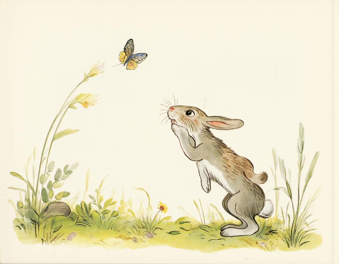 <lora:SUT_NEW:1>,A curious rabbit looking at a butterfly on a meadow, in the style of Soviet illustrator Vitaly Suteev â warm pastel tones, gentle outlines, whimsical and kind atmosphere, simple shapes, classic Russian children's book art