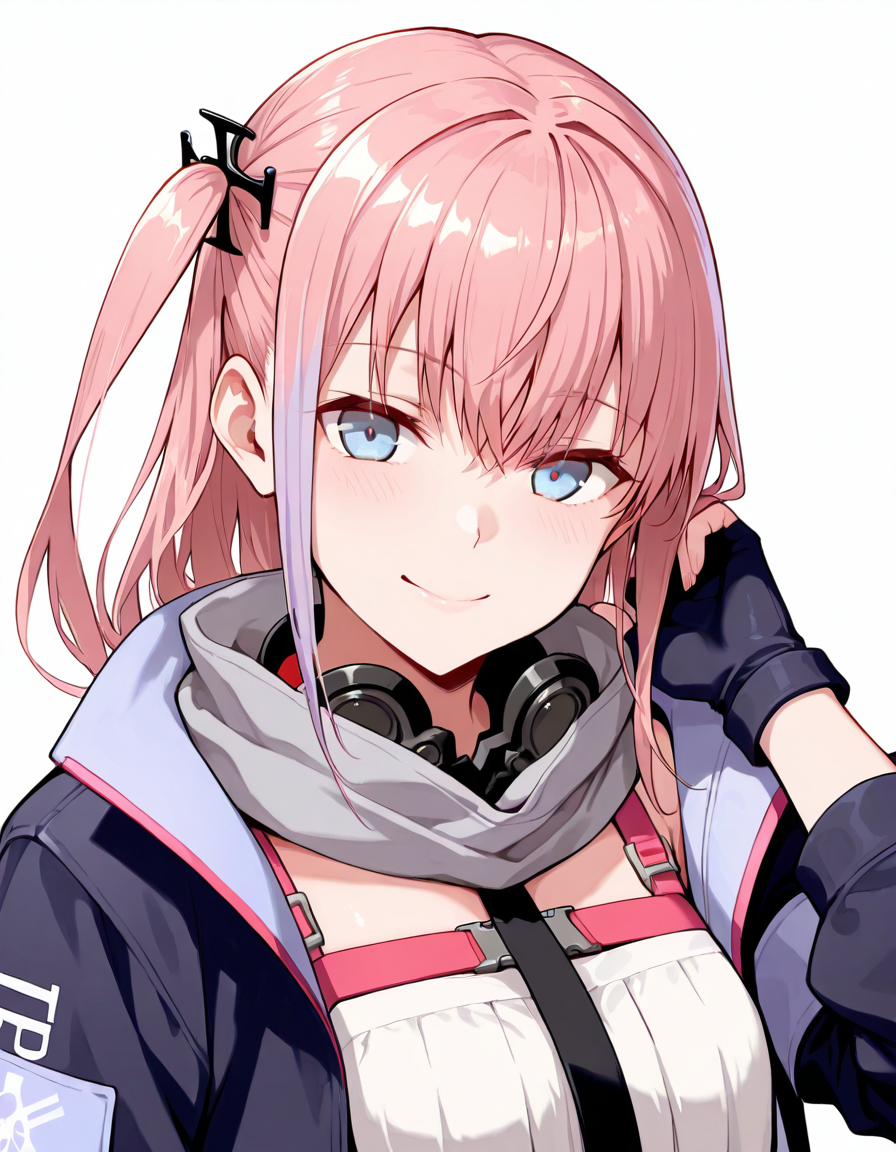 Volumetric Lighting, (masterpiece), (best quality), (ultra-detailed), masterpiece, source_anime, score_9, score_8_up, score_7_up BREAK, illustration, disheveled hair, detailed eyes, perfect composition, moist skin, intricate details BREAK, AR15, pink hair, blue eyes, long hair, one side up,streaked hair BREAK, AR15def, def_dress, def_scarf, def_collar, def_necktie, def_chest_strap,def_jacket, AR15_hair_ornament, open jacket, one side up, def_fingerless_gloves BREAK, ((white background)), looking at viewer,smile, upper body, face focused, hand up