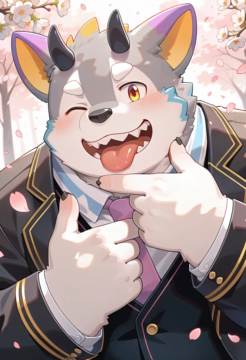masterpiece, dreamlike atmosphere, vibrant, detailed, absurdres, highres, amazing_quality, best quality, <lora:belphegor-15A:1> hbelp, dog_boy, 1boy, solo, tongue_out, school uniform, black blazer, black vest, white shirt, purple necktie, finger frame, cherry blossoms, falling petals, teeth, smile, dappled sunlight, one eye closed, hands around on face, solo,