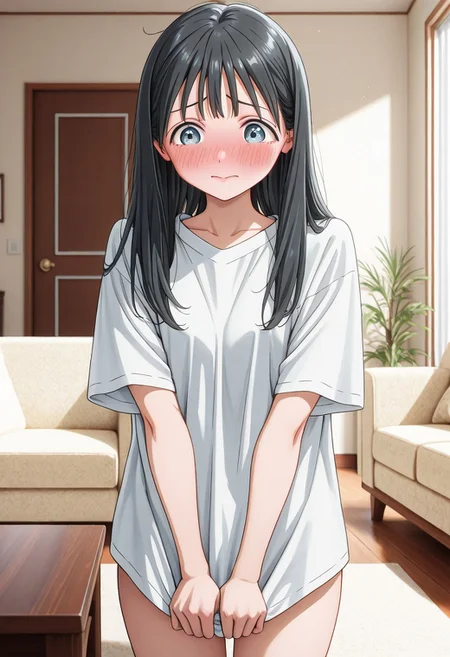 solo, woman, komichi_akebi, black hair, plain white loose t-shirt, shy, blushing, living room, indoor, high quality, best quality, masterpiece, 4k resolution, anime