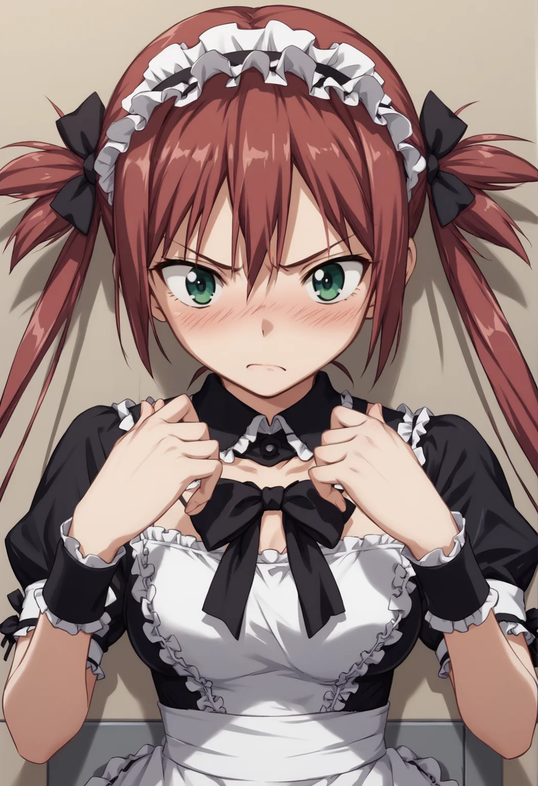 1girl, solo, long hair, twintails, red hair, green eyes, maid, maid headdress, maid apron, short sleeves, wrist cuffs, incoming kiss, close-up, blushing, indoors, hunted mansion, ((through wall)), disgust, upper body <lora:Airi_QB:1>, score_9, score_8_up, score_7_up, score_6_up, score_5_up, score_4_up, BREAK source_anime, masterpiece